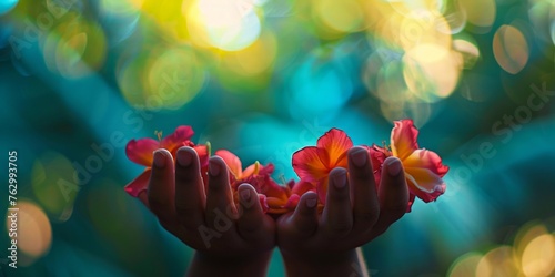 Open hands gently holding bright tropical flowers against a soft bokeh light backdrop.