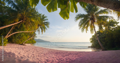 Mesmerizing sunset scene at beach with palm trees silhouetted against the colorful sky  perfect for summer wallpaper.