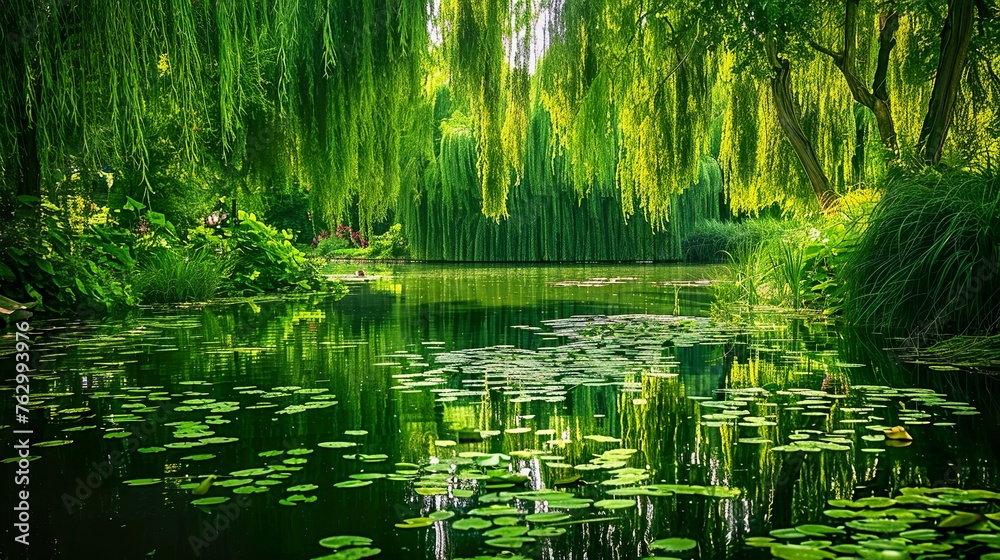 A tranquil pond surrounded by weeping willows A tranquil pond surrounded by weeping willows