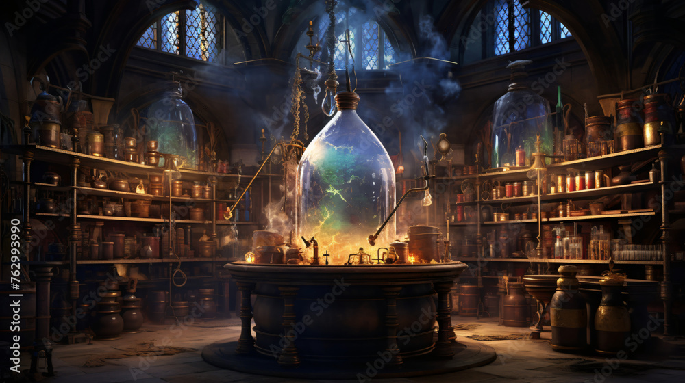 Obraz premium A magical laboratory where alchemists brew potions 