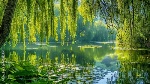 A tranquil pond surrounded by weeping willows