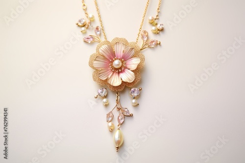  A dreamy Coquette aesthetic-inspired pearl necklace featuring a delicate floral pendant and pastel-colored beads, evoking a sense of timeless elegance and refinement.