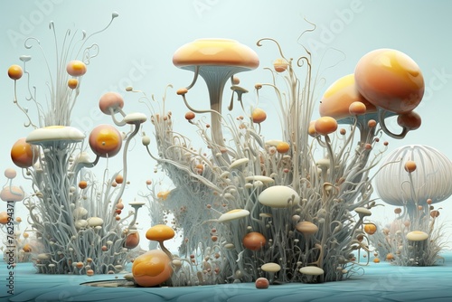 A mix of robotic elements and microscopic organisms creating a surreal landscape