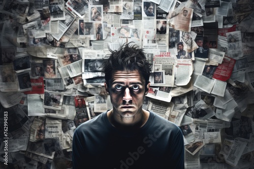 
A haunting portrait of a person engulfed in darkness, surrounded by fearmongering headlines and imagery, symbolizing the overwhelming influence of fear-based narratives photo