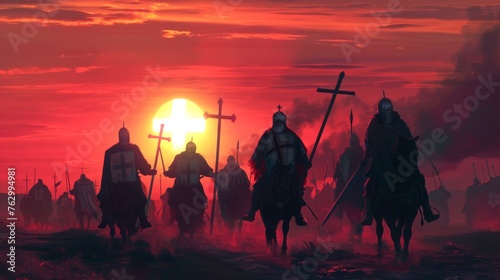 Warriors under the banner of the Knights Templar seek the Holy Grail as the sun sets merging myth with mission photo
