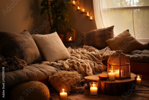  A snug meditation space photographed up close, highlighting the serene arrangement of cushions, candles, and decor, with the surrounding room softly blurred, offering a peaceful sanctuary for mindful