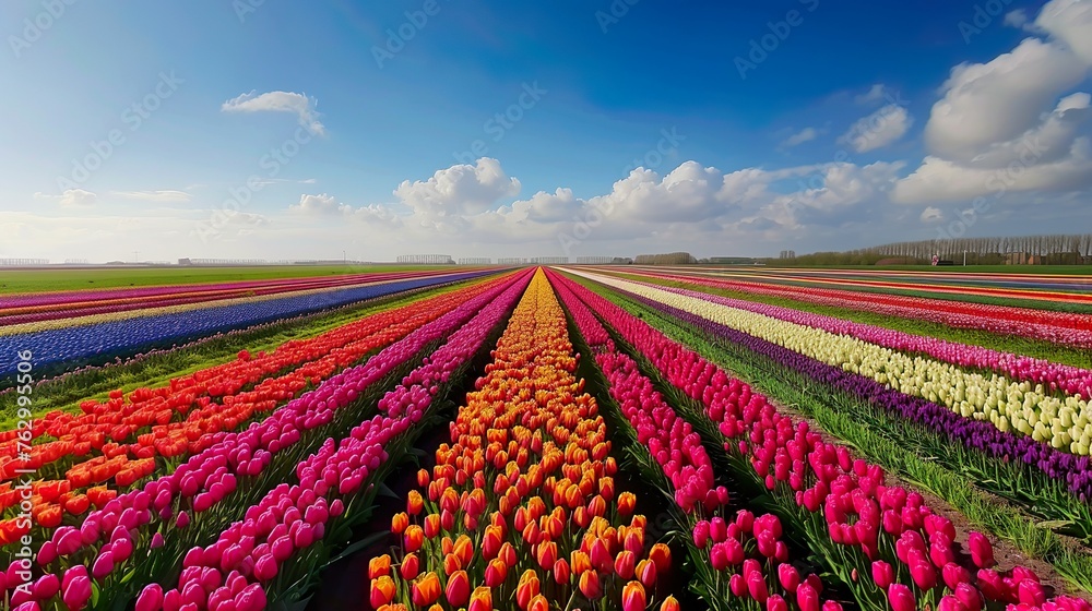 Fields of vibrant tulips stretching to the horizon