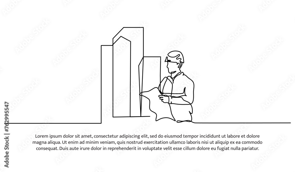One line continuous of contractor plans construction. Minimalist style vector illustration in white background. One line continuous of contractor plans construction. Minimalist style vector illustration in white background.