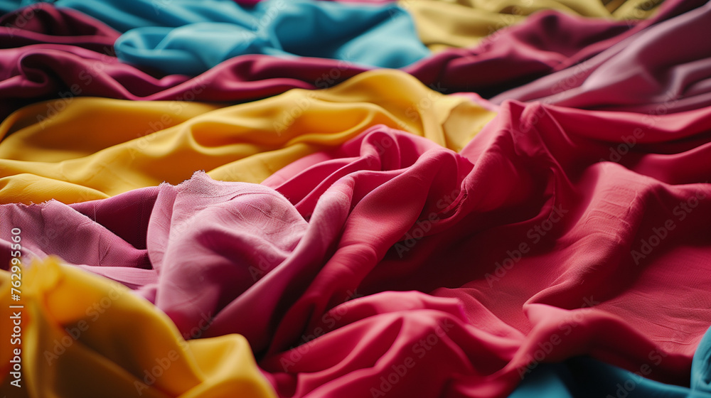 Scattered fabrics of yellow, pink and blue lie together in one pile filling the entire background Scattered fabrics of yellow, pink and blue lie together in one pile filling the entire background