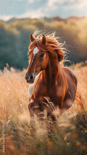 Majestic Horse Running in Tall Grass