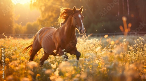 Majestic Horse Running Through Field of Flowers