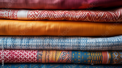 A stack of neatly folded fabrics of different colors and patterns, filling the entire background