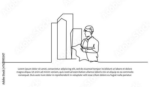 One line continuous of contractor plans construction. Minimalist style vector illustration in white background.