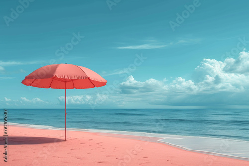 Relaxing Beach Scene with Umbrella, Chairs, and Blue Sky