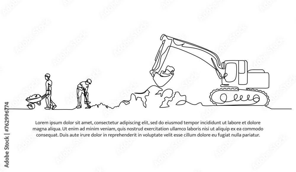 One line continuous of dig the ground using an excavator. Minimalist style vector illustration in white background.