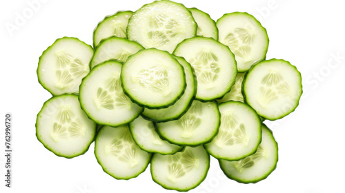 heap of sliced cucumber on white isolated background, top view 