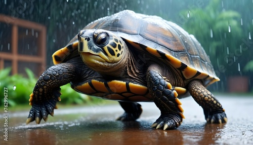 A lively turtle dancing in the rain in the backyard of a house..