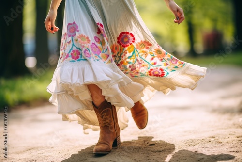  Close up photo of bohemian-style embroidered ankle boots paired with flowing skirts, capturing the free-spirited essence of boho fashion.