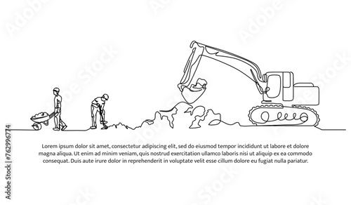 One line continuous of dig the ground using an excavator. Minimalist style vector illustration in white background.
