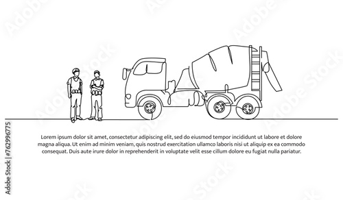 One line continuous of concrete mixer. Minimalist style vector illustration in white background.