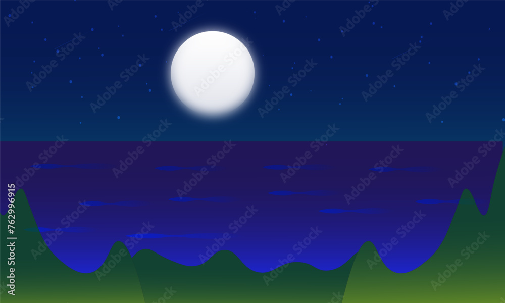 Night landscape with full moon and sea. Vector illustration