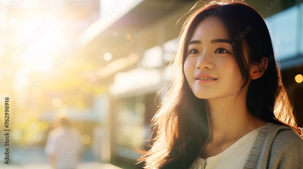 Obraz premium 太陽の光と笑顔の日本人女性