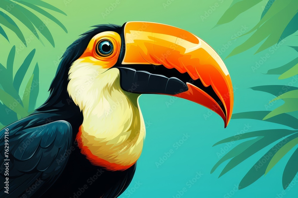 Naklejka premium Illustration of a smiling toucan, its vibrant beak complemented by a cheerful grin, set against a solid-colored backdrop
