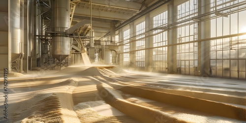  Contemporary factory converts wheat into flour ,Loading process of wheat grain in elevator granary warehouse. Agro manufacturing plant equipment. Harvest time photo