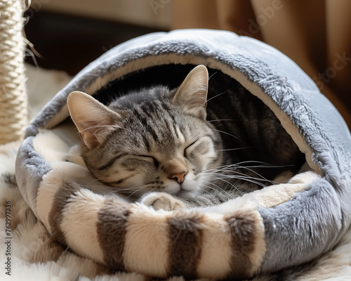 Adorable cat curled up for a nap, either in a cozy basket, on a soft pillow, or sprawled out on the bed photo