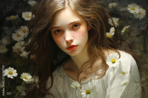  Portrait illustration of a young woman with soft features and gentle demeanor, akin to the purity and innocence of a daisy.