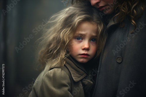 Solely on the distraught face of a weeping child, while their parent's figure fades into the background, their back turned away from the camera