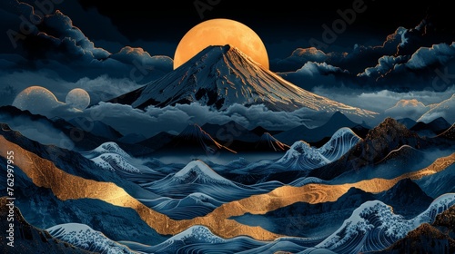 With Japanese pattern modern, Fuji mountain with gold con and symbol decoration for logos, flyers, or presentations. Gold texture element with geometric pattern. photo