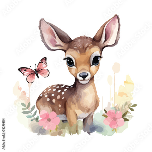 Cute little giraffe clipart with watercolor with pink flower © Roses