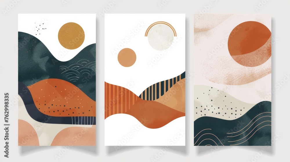 This modern set of abstract boho posters can be used as background, cover, wallpaper, print, card, wall decor, social media, stories, branding. It contains landscapes, the sun, the moon, the sea, all