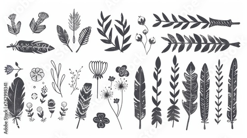 Isolated modern illustration of vintage arrows, feathers, dividers and floral elements, hand drawn © Mark