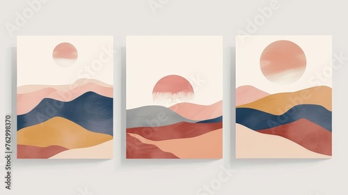 An abstract contemporary art print featuring sunset, sunrise, and nightscapes, earth tones, and pastel colors. Boho wall decor. A mid century modern minimalist design.