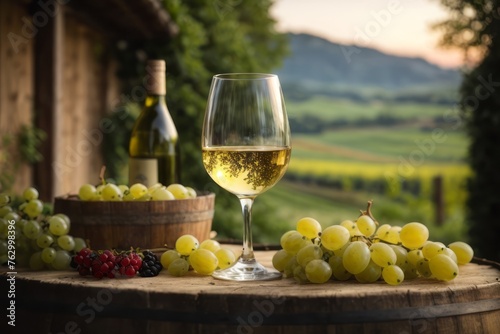 Glass of wine in barrel in rural vineyard. agriculture, farming and harvesting concept