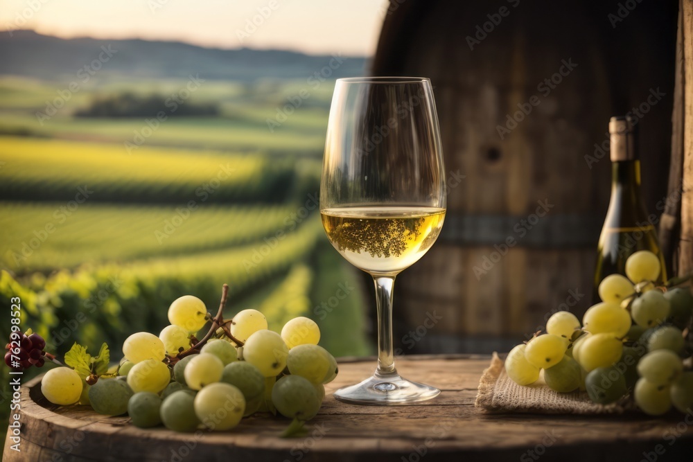 Glass of wine in barrel in rural vineyard. agriculture, farming and harvesting concept