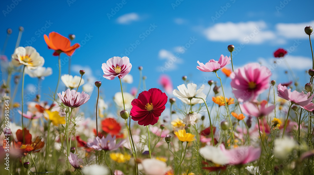 Obraz premium A colorful meadow of wildflowers under the blue sky