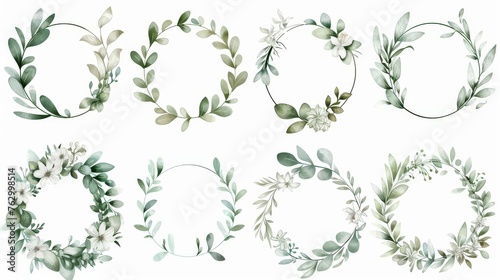 A set of wedding invitation frames with flowers and leaves in watercolor, isolated on white. Sketched wreaths, floral garlands, and herbs garland in greenery colors. Handdrawn Modern Watercolour