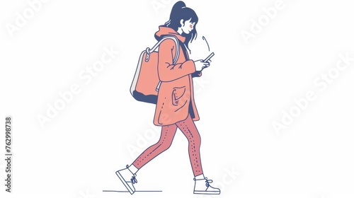 Modern illustration of a woman watching a cell phone as she walks down the street. Hand drawn style modern illustrations.