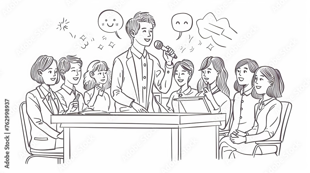 In the background there are hand drawn style modern design illustrations with the moderator wearing a suit and holding a microphone. Young people are taking notes and raising their hands. In the background there are hand drawn style modern design illustrations with the moderator wearing a suit and holding a microphone. Young people are taking notes and raising their hands.
