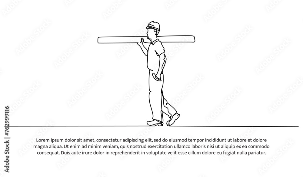 One line continuous of contractor carrying wood. Minimalist style vector illustration in white background.