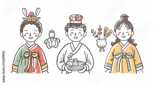 Thanksgiving greeting card in Korean style modern design. Male and female figures are dressed in traditional Korean costumes and making traditional Korean greetings.