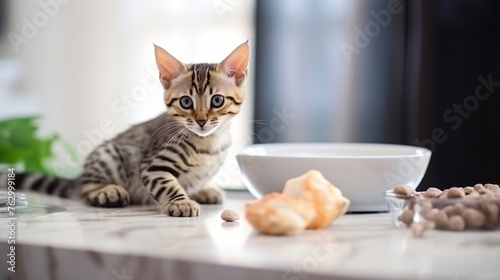 A small brown leopardbeige Bengal kitten sits