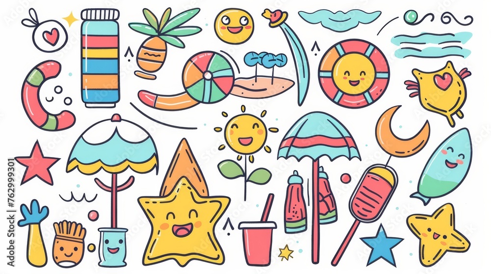 The perfect summer holiday icons. Cute faces and beach objects in flat design style.