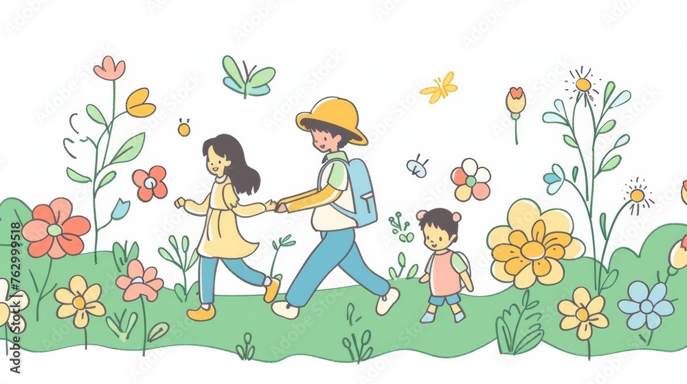 An event for family month. Children are walking in a flower field. Banner template.