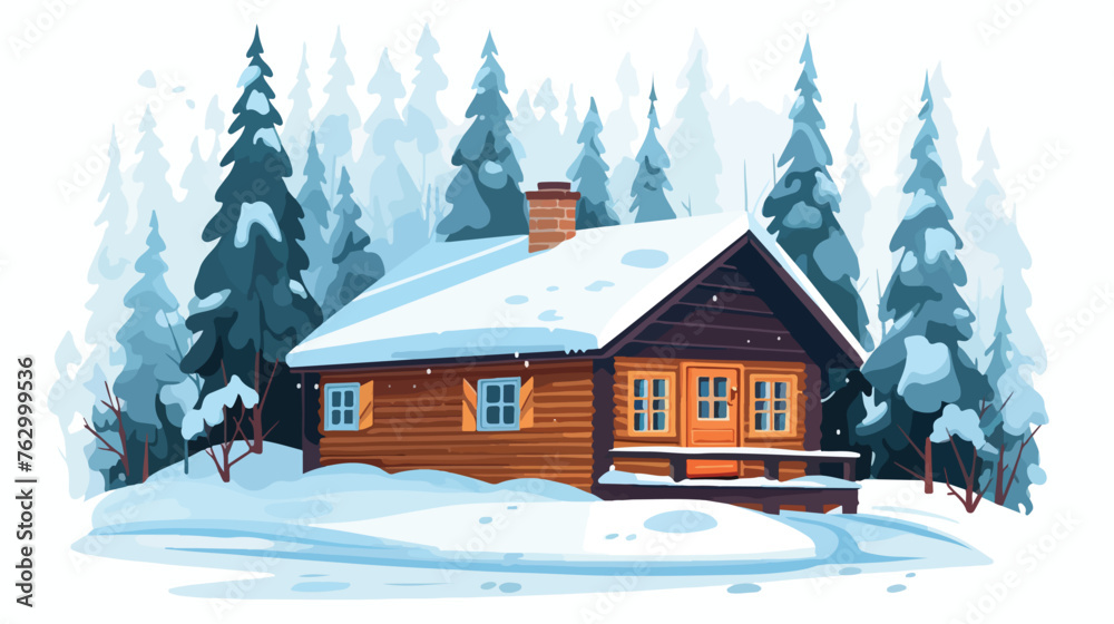 A cozy cabin in the woods surrounded by snow. flat vector