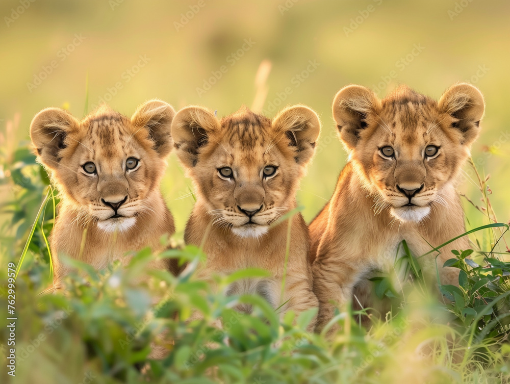 A pride of lions, including a lioness and playful cubs, relax in the tall grass A pride of lions, including a lioness and playful cubs, relax in the tall grass