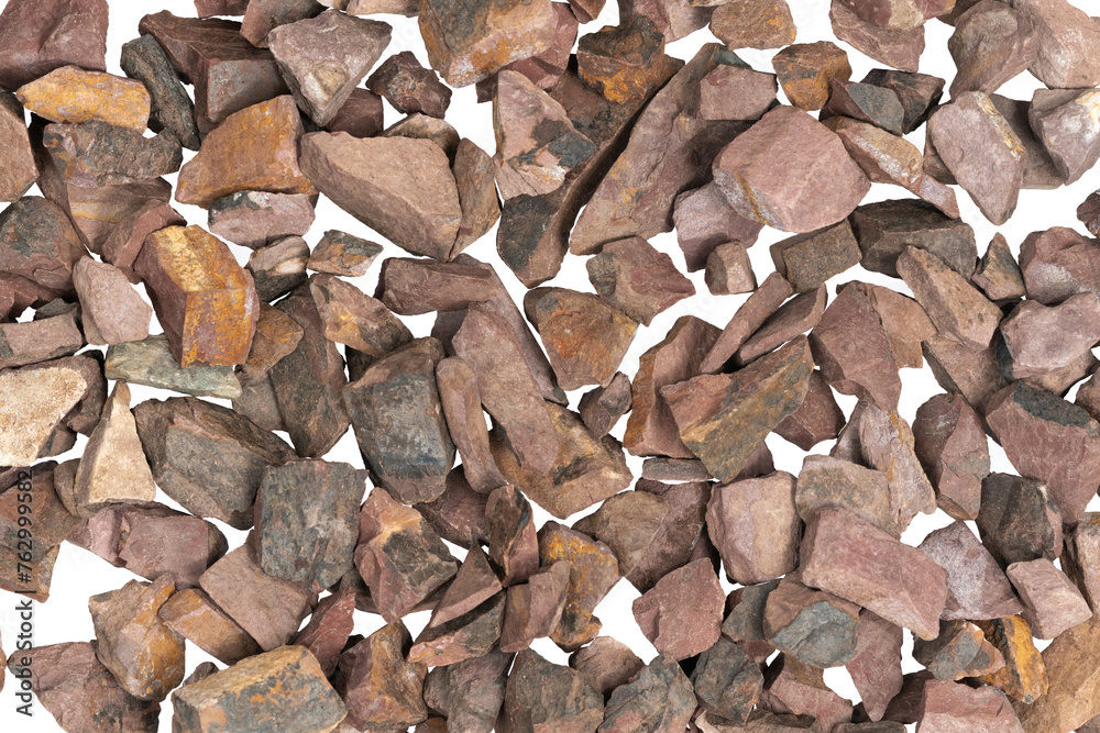 crushed stone crumb isolated white background close-up. rubble in a heap. natural decorative primer for designers. fraction texture crushed stone crumb isolated white background close-up. rubble in a heap. natural decorative primer for designers. fraction texture